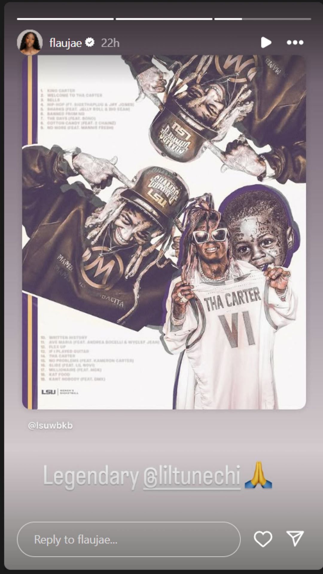 Flau'jae Johnson hypes Lil Wayne's latest album on IG story. Image via @flaujae